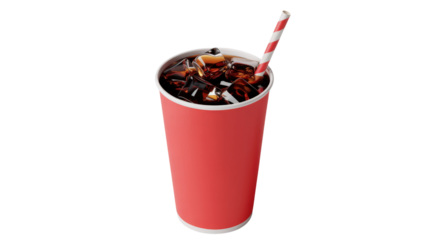 Iced Coffee Delight A Red Paper Cup Filled with Cold Brew and Ice Cubes with a Striped Straw on Transparent Backdrop