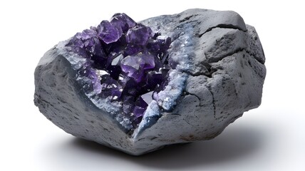 Amethyst geode rock with sparkling purple crystals, symbolizing inner beauty and hidden potential, isolated on a white background

