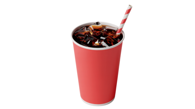 Iced Coffee Delight A Red Paper Cup Filled with Cold Brew and Ice Cubes with a Striped Straw on Transparent Backdrop