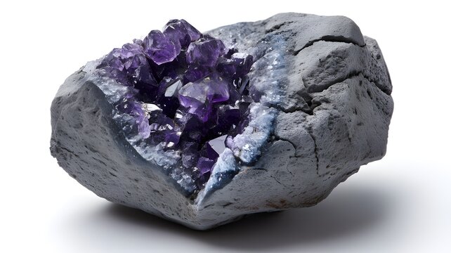 Amethyst geode rock with sparkling purple crystals, symbolizing inner beauty and hidden potential, isolated on a white background
