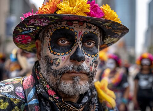 Confident middle-aged man with stylish goatee and vibrant floral hat exudes creativity and individuality, perfect for artistic or lifestyle concepts.