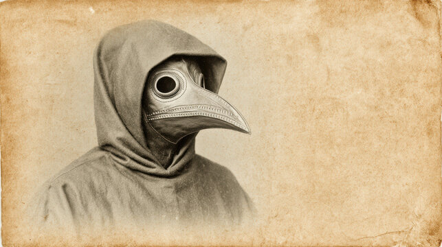 Scary vintage drawing of historical medieval plague doctor. person in horror costume and mask represents creepy figure from past epidemic and disease