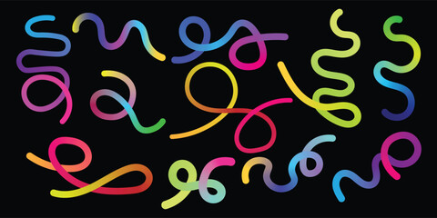 Colorful Rainbow Gradient Line Shapes Isolated. Abstract Squiggle Ribbons and Wavy Graphic Elements Set.
