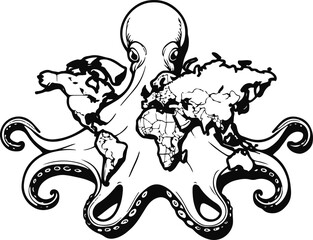 Octopus with world map shell, environmental symbolism, clean vector line work, black outlines 1