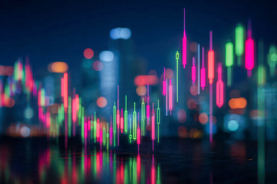 Vibrant digital stock market candlestick chart with neon pink and green bars reflecting on glossy surface against blurred cityscape at night for financial trading an