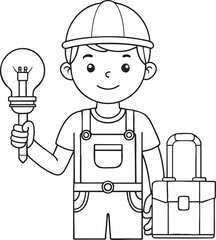 Cartoon electrician holding lightbulb and toolbox with outline art for projects