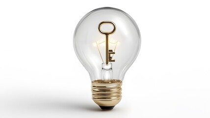 A glowing lightbulb with a golden key as the filament, symbolizing a key idea, innovation, and finding the solution, isolated on a white background
