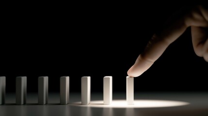 Strategist Tapping First Domino in Minimalist Chain, Concept of Execution, Planning, and Cause-and-Effect with Ample Copy Space