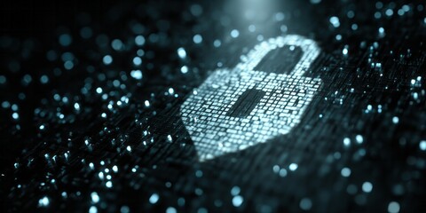Glowing digital padlock symbol illuminates a dark, abstract technological surface with scattered light particles