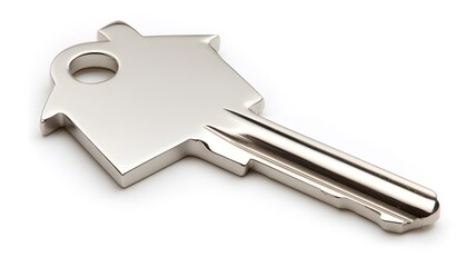 Silver house-shaped key symbolizing real estate and home ownership, isolated on a white background
