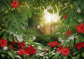 Tropical jungle oasis with red flowers and festive lights