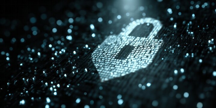 Glowing digital padlock symbol illuminates a dark, abstract technological surface with scattered light particles - Powered by Adobe