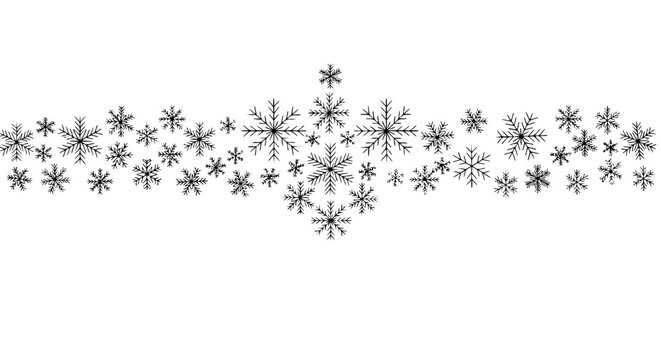 A delicate horizontal border of repeating snowflakes in varying sizes, perfect for adding a festive, wintry touch to holiday designs and invitations.

