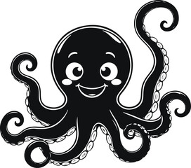 Cute smiling octopus character, black outline cartoon vector, minimalist composition, white background 1
