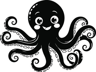 Cute smiling octopus character, black outline cartoon vector, minimalist composition, white background 2