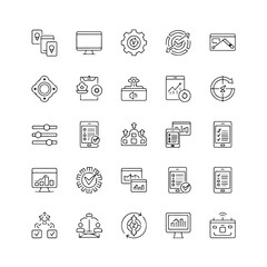 Collection of 25 black and white outline icons representing various digital and business concepts