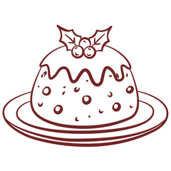Red hand drawn Christmas cake with holly decor and glazing, vintage elegant line art. Xmas holiday element. Seasonal vector illustrations
