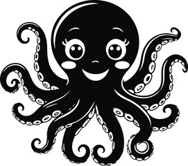 Cute smiling octopus character, black outline cartoon vector, minimalist composition, white background