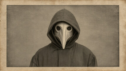 Mysterious vintage portrait of person in historical plague doctor costume. eerie medieval figure wears beaked mask and dark hood in an old sepia photograph
