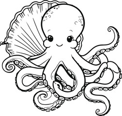 Octopus hugging a seashell, soft black lines, cute minimal composition, vector outline art 1