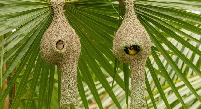 Close-up of Two Woven Bird Nests Hanging from Palm Frond. Baya Weaver Nests with Yellow Bird in Tropical Foliage. Intricate Bird Nests with Small Bird on Green Background.