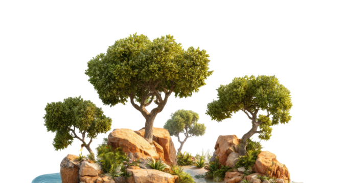 Idyllic island oasis with lush trees secluded location nature scene isolated on transparent background