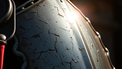 Close-up of knight's weathered, dented armor, reflecting sunlight,  reflection,   knightly