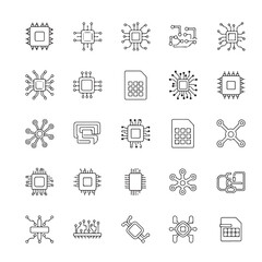 Collection of electronic chip and circuit icons, including cpus, sim cards, and abstract microchip designs