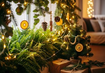 Cozy christmas tree with natural ornaments and warm fairy lights