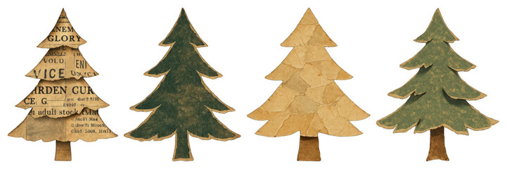 PNG Vintage paper Christmas trees, element set on transparent background