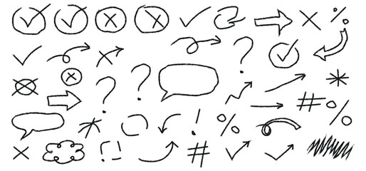 Collection of hand drawn doodle symbols and arrows 
