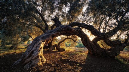 Fototapeta premium bark. Ancient olive tree with twisted, powerful branches under the golden light of sunset, deep shadows. inspiring travel planning, gardening catalogs, designed for gardening and botanical catalogs.