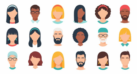 Diverse Collection of Flat Design Avatar Faces for Web and App Design.