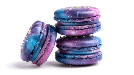 Stack of colorful gourmet macarons with a vibrant galaxy pattern, isolated on a white background
