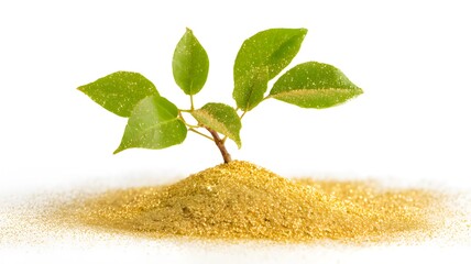 A green sapling growing from a pile of gold dust, symbolizing financial growth, investment, and prosperity, isolated on a white background
