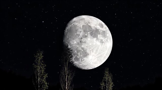 Huge, intricate full moon ascends into the night sky above a row of trees. The starry sky provides a dark backdrop as the moon's glow bathes the scenery in light
