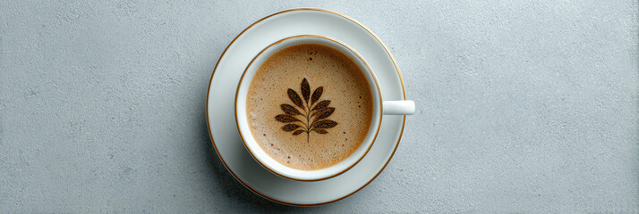 Relaxing top view of brown coffee cup with cappuccino foam and leaf latte art. warm aromatic beverage on saucer ready to drink on minimal grey background