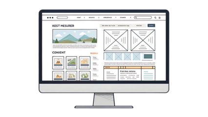 Computer Screen Displaying a Modern Website Wireframe and Content Layout