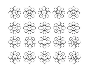 Cute Flower Emoticons Set Happy, Sad, Angry, Surprised Faces - Vector Icons