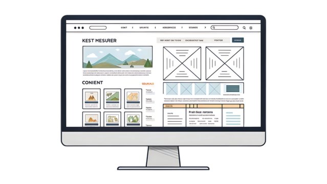 Computer Screen Displaying a Modern Website Wireframe and Content Layout
