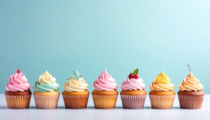 ラフルなカップケーキの整列 シンプルで美しいスイーツの世界