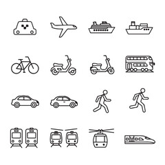 Collection of various transportation icons including car, airplane, bicycle, train, and boat