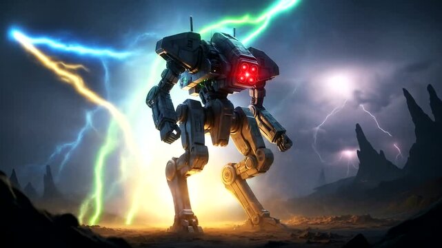 Futuristic robotic mech standing in a stormy landscape, illuminated by lightning and dramatic skies