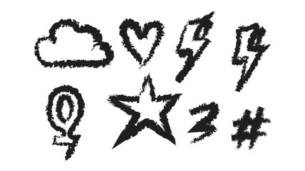 Hand drawn grunge icons featuring cloud heart lightning star and symbols for creative design elements illustration