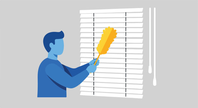 Illustration of a person dusting window blinds