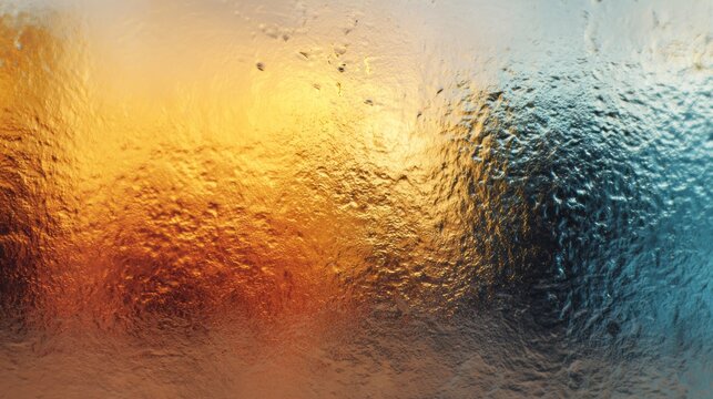 Textured glass surface refracts warm golden and cool blue light creating an abstract background.