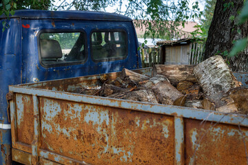 Close-up of a rusty blue vintage truck loaded with chopped firewood, surrounded by trees &mdash; ideal for rustic, decayed, rural, and industrial texture themes.