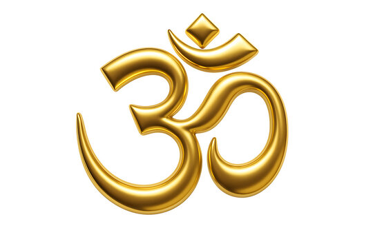 Hindu Spiritual Emblem Om in Metallic Gold, Meditation and Yoga Symbol,  3D Rendering