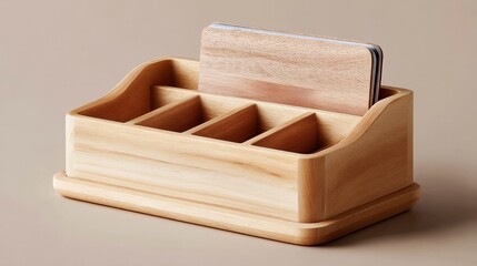 Wooden desk organizer with card holder and multiple compartments on a neutral background