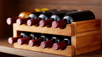 Assorted wine bottles arranged neatly in a wooden rack on a wooden shelf